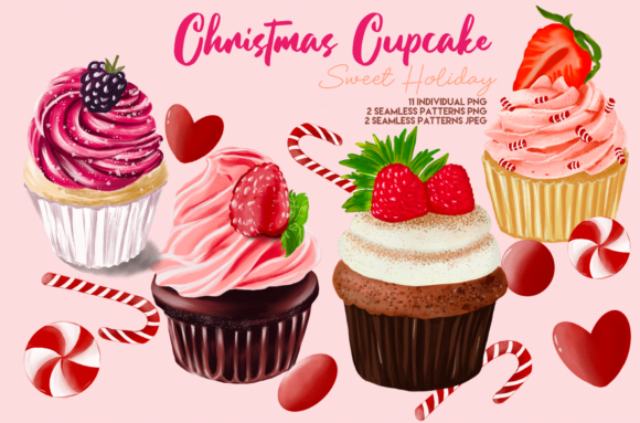 Christmas Cute Cupcake Clipart Illustrations