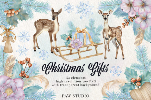 Christmas Gift Boxes Deer Flowers Clipart