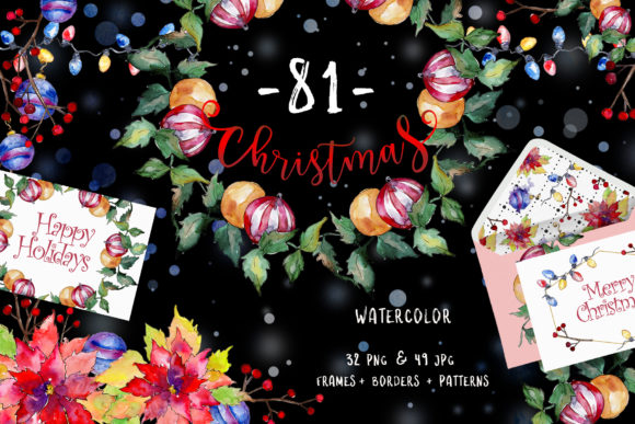 Christmas Happy Holiday Watercolor Set Illustrations
