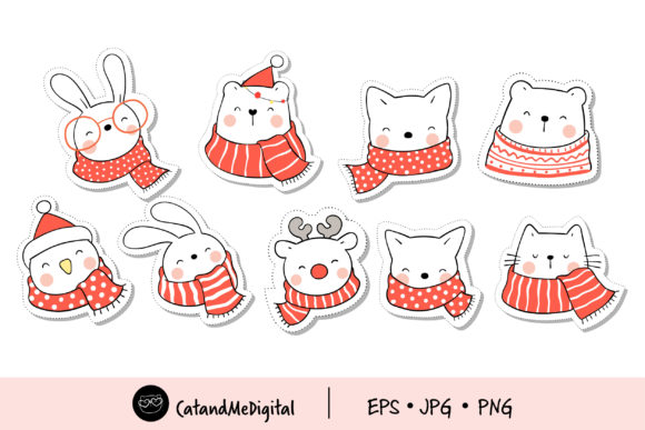Doodle Sticker Cute Animal for Christmas Illustrations