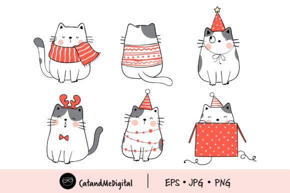 Funny Cat in Christmas Clip Art Illustrations