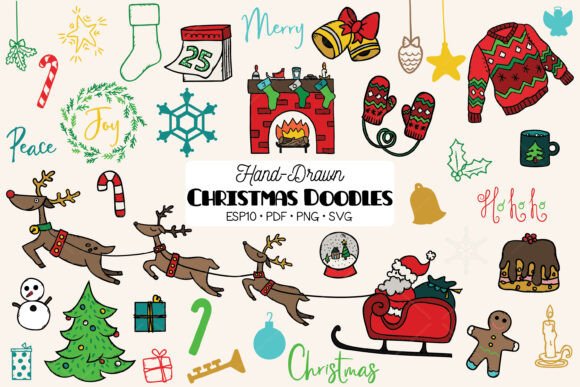 Hand Drawn Christmas Doodles Colored Illustrations Review