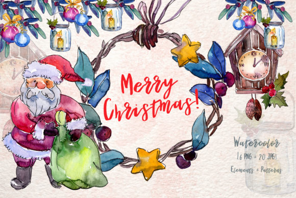 Merry Christmas Holiday Watercolor Set Illustrations
