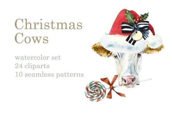 Watercolor Christmas Cows Illustrations