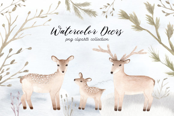 Watercolor Christmas Deers Illustrations