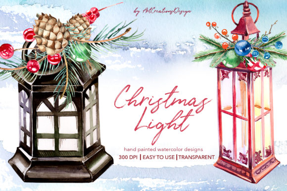 Watercolor Christmas Lights Illustrations for Crafting
